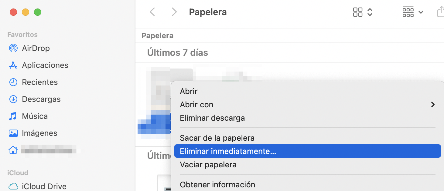 Si sigues sin poder vaciar la papelera en Mac, ve al archivo que quieras eliminar. Después, haz clic en el botón Eliminar inmediatamente.