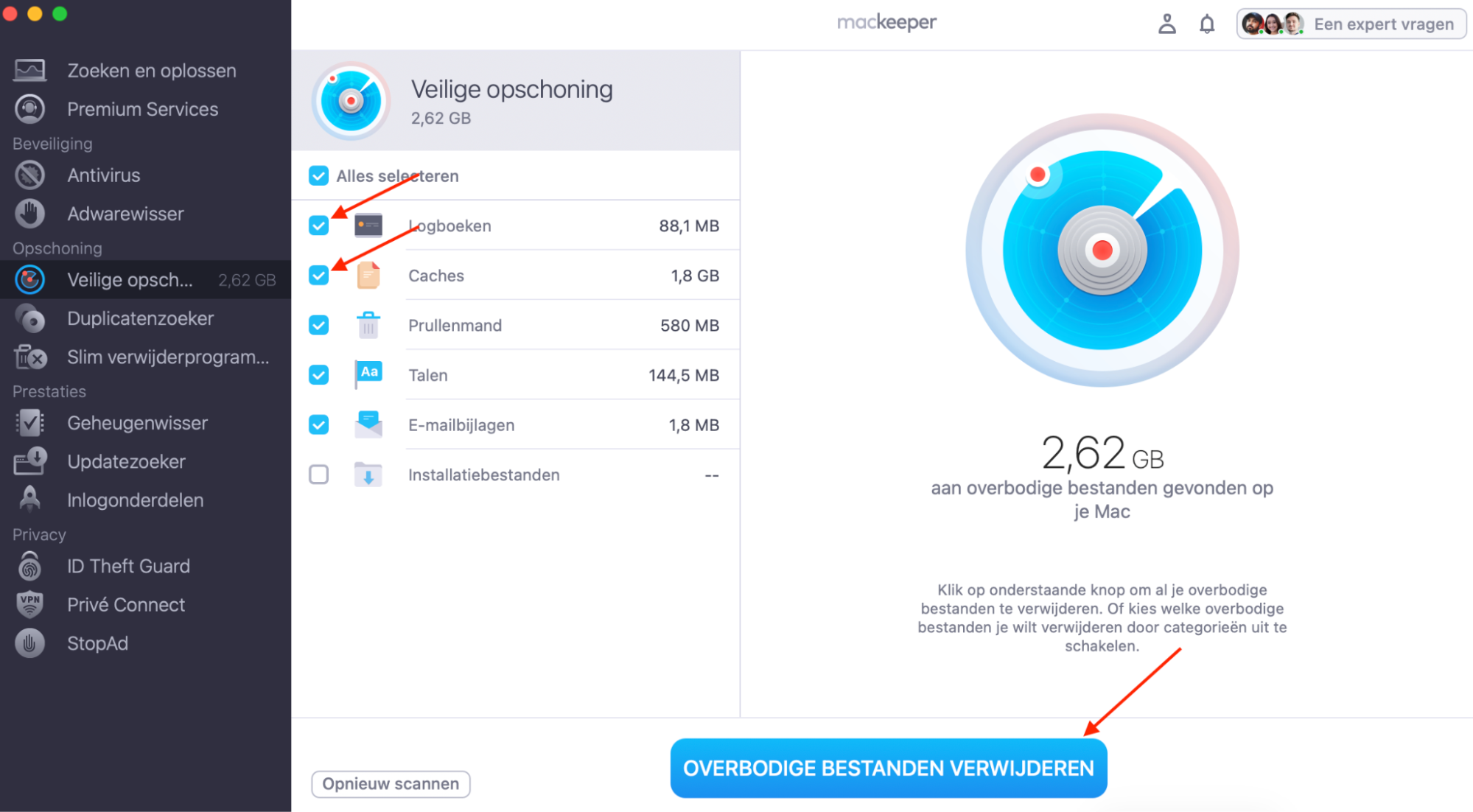 MacKeeper op Mac toont de tool Veilige opschoning. Nadat je ‘Logbestanden en caches’ hebt geselecteerd, klik je op ‘Overbodige bestanden verwijderen’ om ze van je systeem te verwijderen.