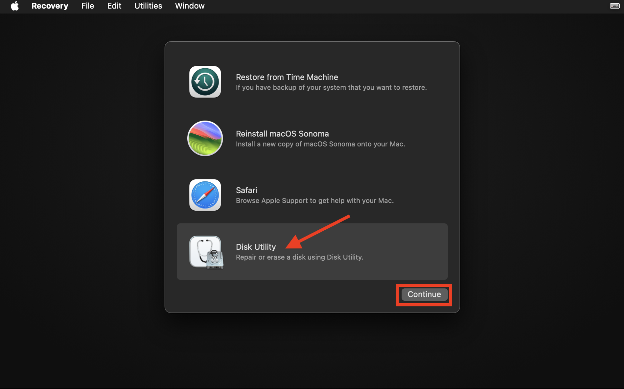 The list of Recovery utilities in Recovery mode on Mac. Use Disk Utility to repair your Mac's startup disk when your computer gets stuck in Recovery mode.