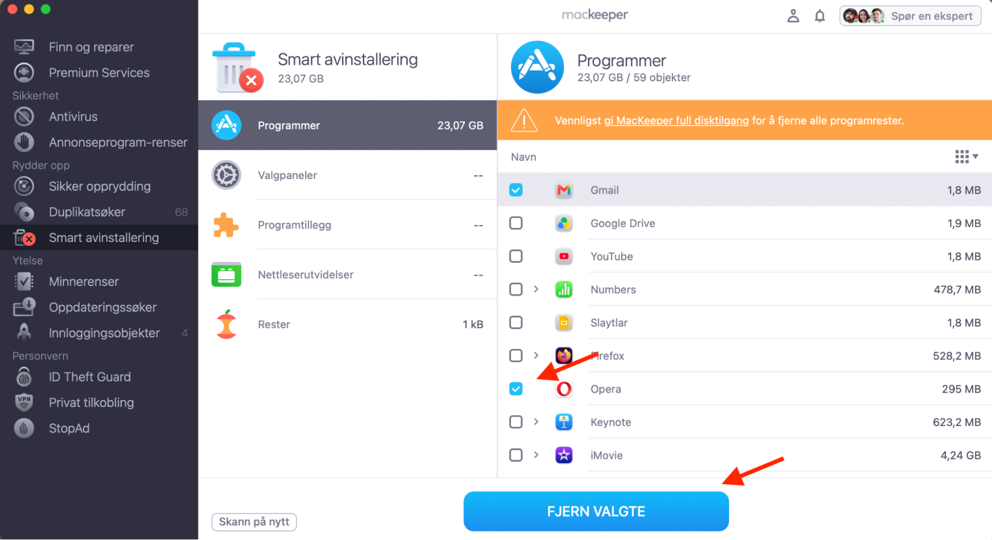MacKeeper på Mac viser Smart avinstallering-verktøyet. Etter at du har markert appene du vil avinstallere, klikker du på Fjern valgte-knappen.