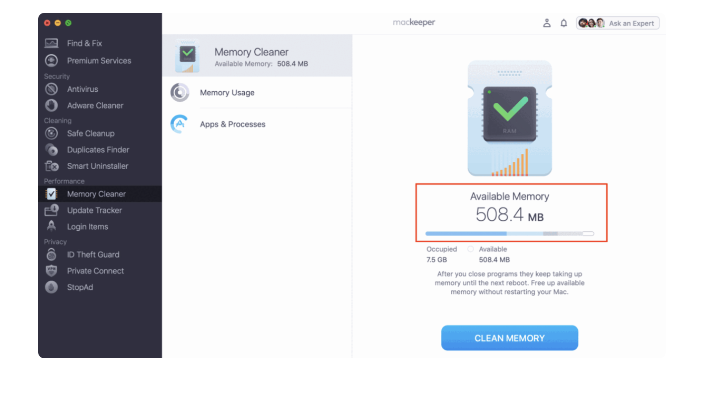 To check your Mac's CPU performance and remove needless processes, select Performance > Memory Cleaner. Then, on the next page, click on Clean Memory.