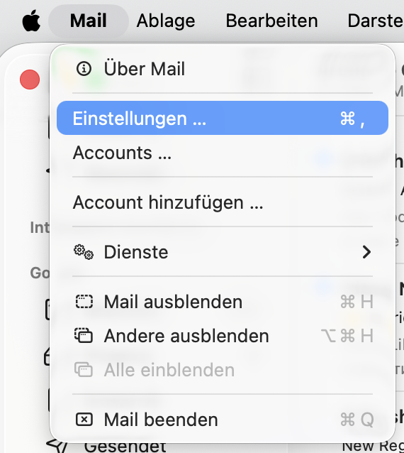 Das E-Mail-Menü in der E-Mail-App von Apple mit hervorgehobenen Einstellungen.