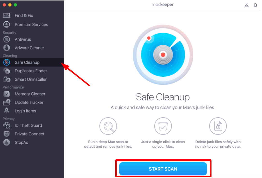 MacKeeper on Mac showing the Safe Cleanup tool. Click Start Scan to find all browser cache files on your system.