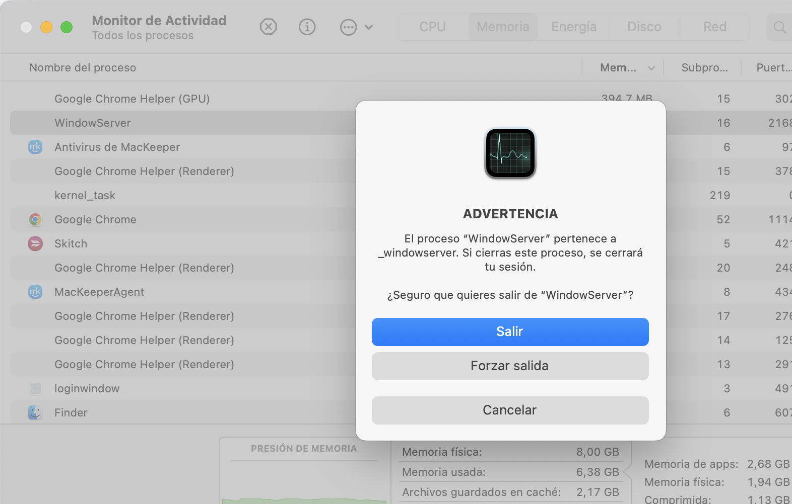 El Monitor de actividad en macOS Monterey muestra el mensaje que aparece al finalizar un proceso. Selecciona Salir o Forzar salida para confirmar.