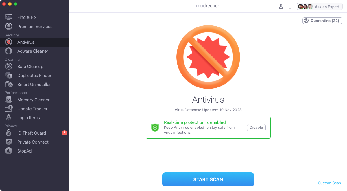 MacKeeper's Antivirus offers both real-time and on-demand scanning. To start a scan, open the tool, then click the Start Scan button.