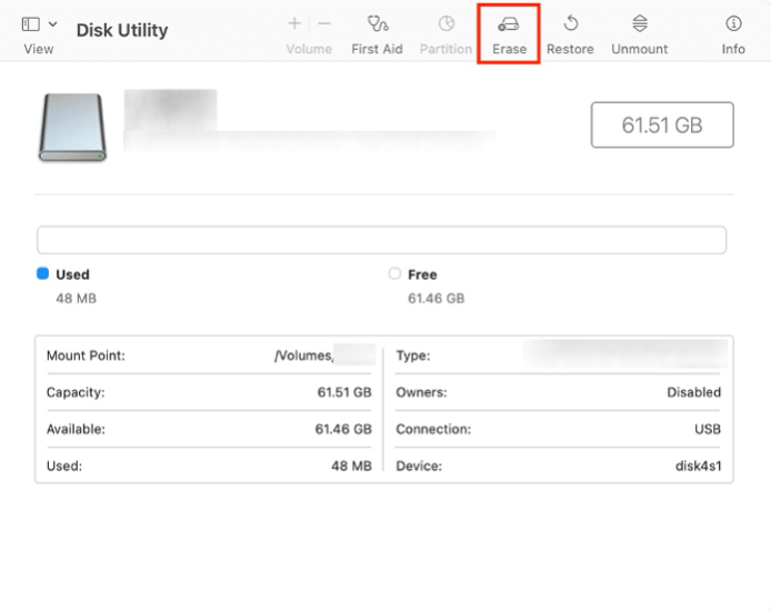 To clean install macOS and see if that fixes the installer information on the recovery server is damaged error on your Mac, select your startup disk and click the Erase icon.