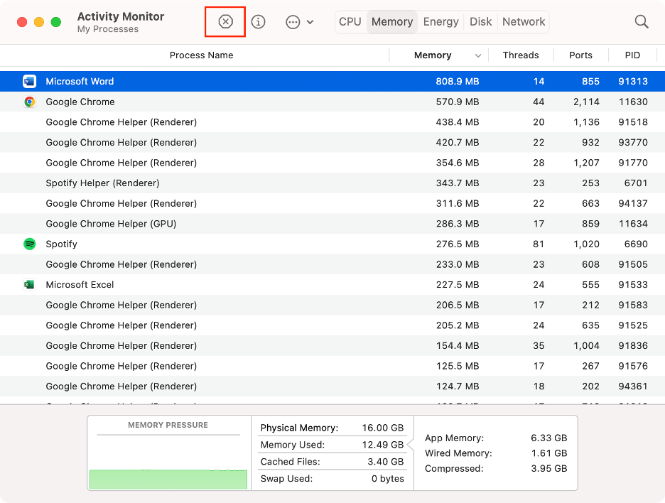 To quit background processes that take a lot of RAM on Mac, select them and click the X icon.