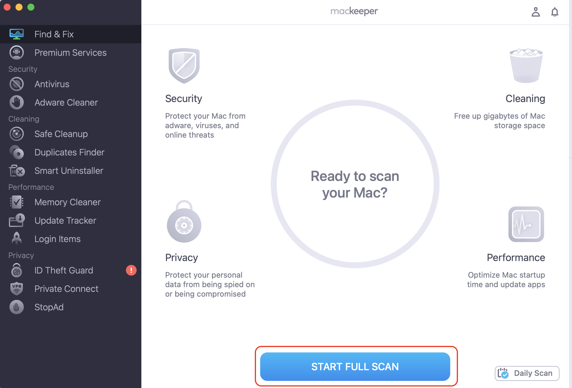 MacKeeper's Find & Fix screen on macOS with Start Full Scan, checking for malware behind persistent codesign high CPU on your MacBook.