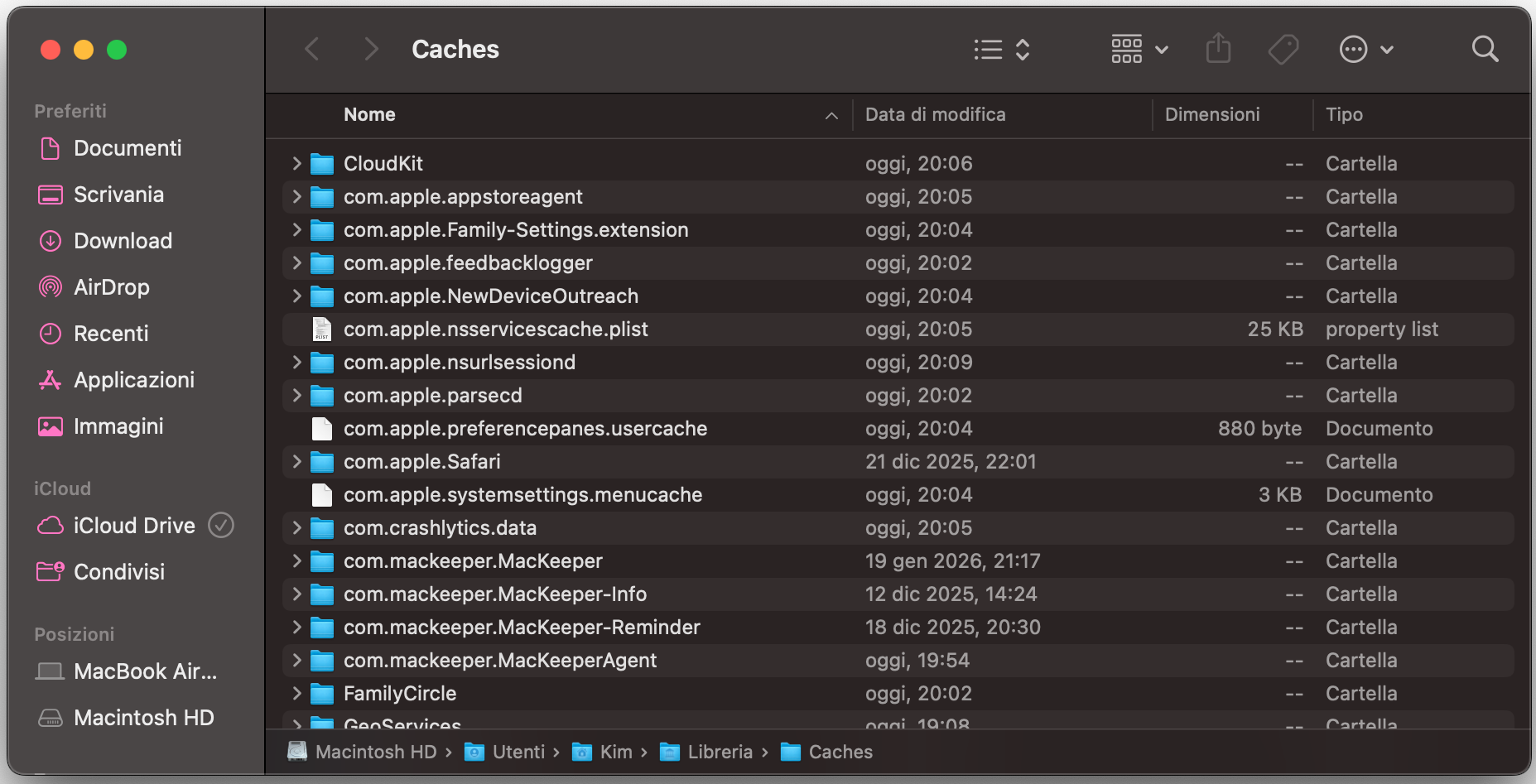 In Libreria > Caches troverai molte cartelle. Contengono file temporanei (cache) per tutte le diverse app installate sul tuo Mac.