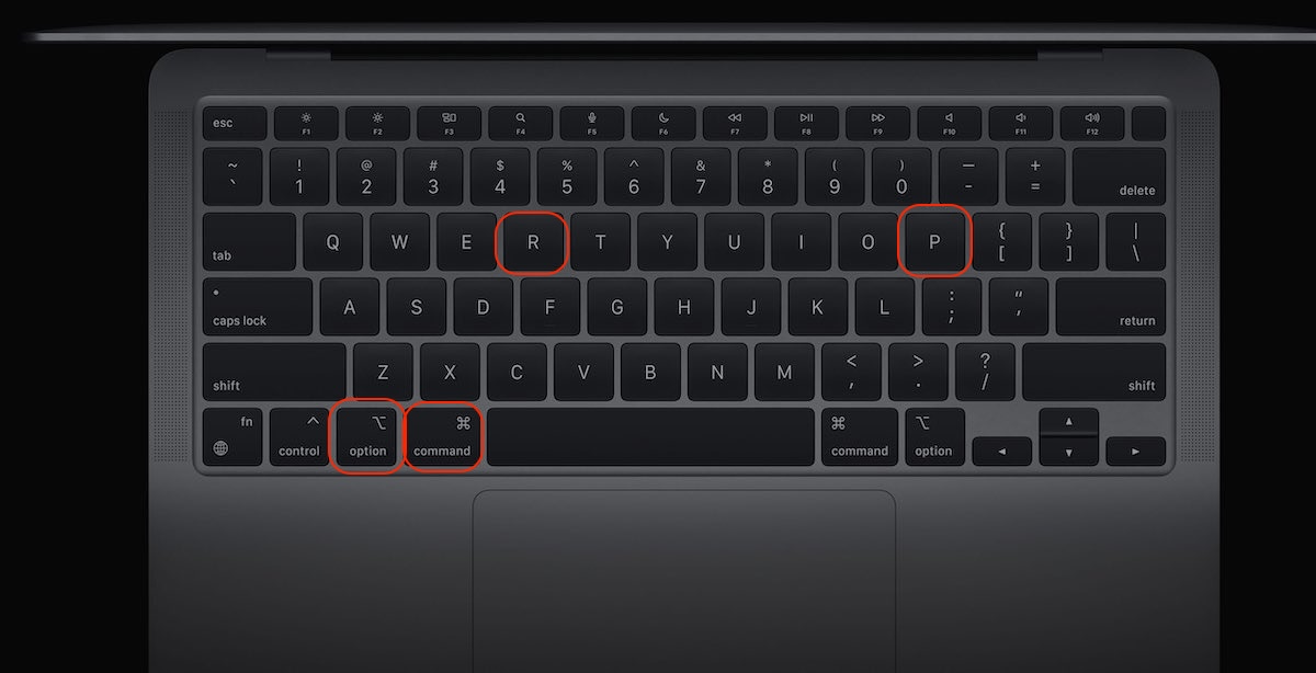 A Mac keyboard showing the keys that need to be pressed at startup to reset the NVRAM. Try this when your Mac gets stuck in Recovery mode.