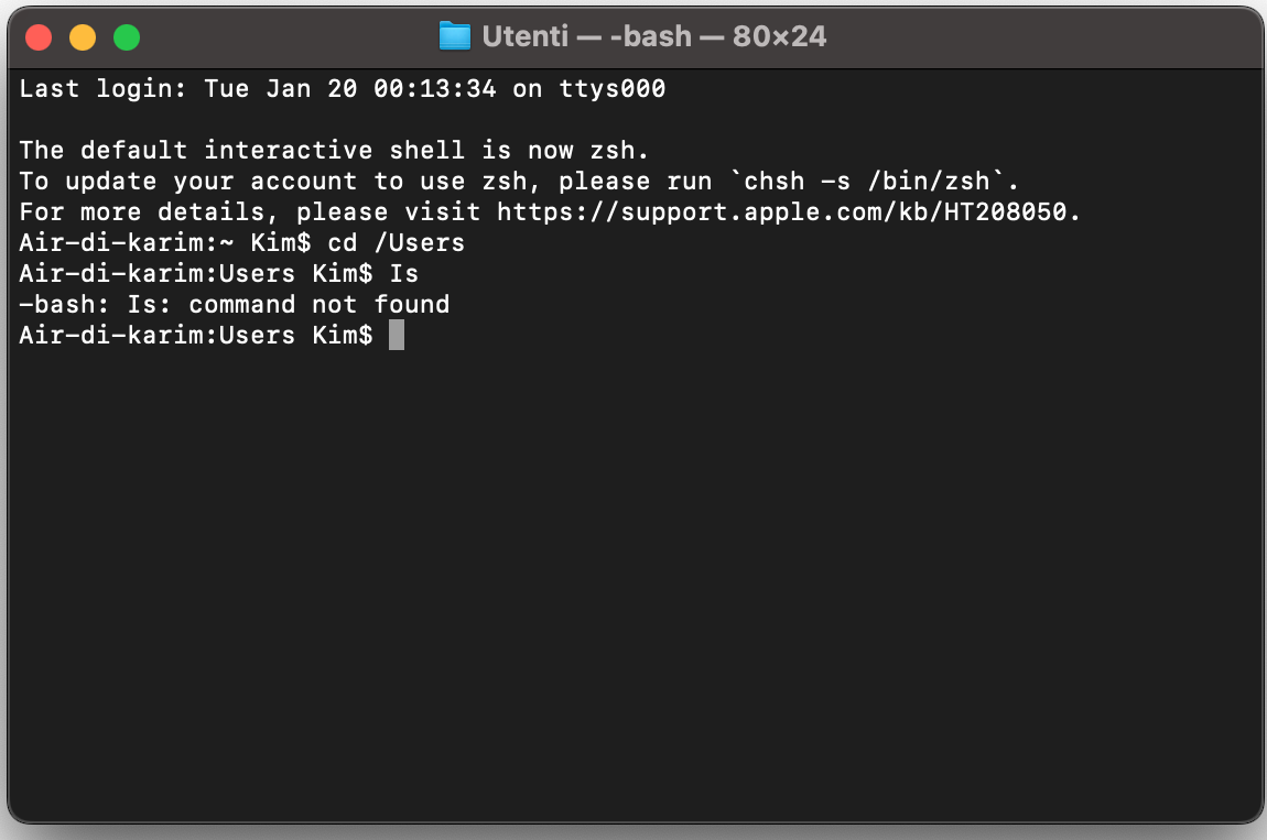Per verificare il nome del tuo account, usa Terminale. Ecco come dovrebbe essere inserito correttamente il comando corrispondente.