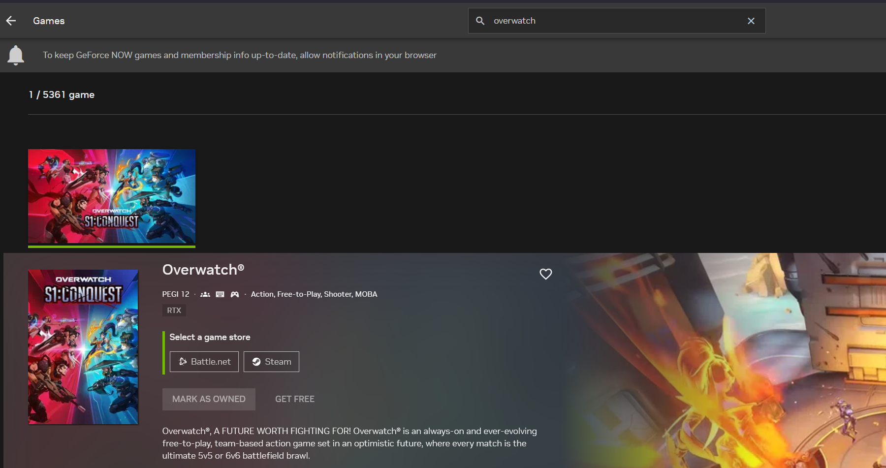 In the GeForce NOW app on your MacBook, use the search bar to find Overwatch in the game library, then press the Play button to launch it.