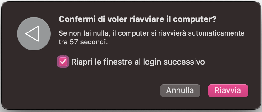 La finestra di conferma del riavvio su Mac chiede all’utente se vuole procedere. Fai clic sul pulsante Riavvia per continuare.