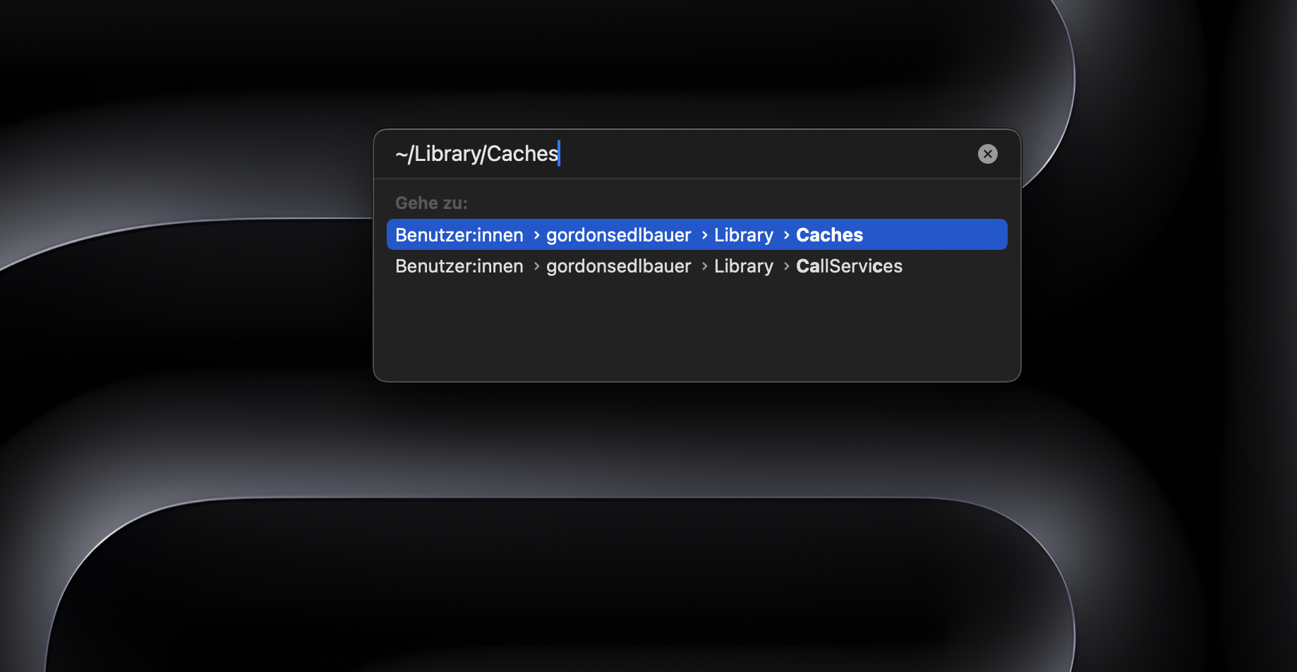 Der Finder in macOS Monterey zeigt die Option zum Aufrufen eines Ordners an. Geben Sie den Speicherort der macOS-Cache-Dateien ein und drücken Sie die Eingabetaste.