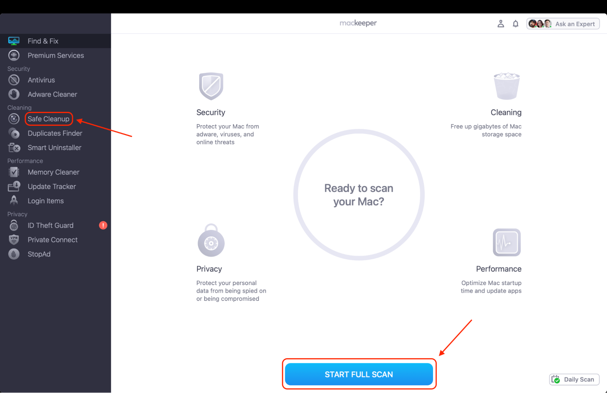 Select Safe Cleanup in MacKeeper's sidebar and click Start Full Scan to analyze your Mac for junk files, logs, and cached data.