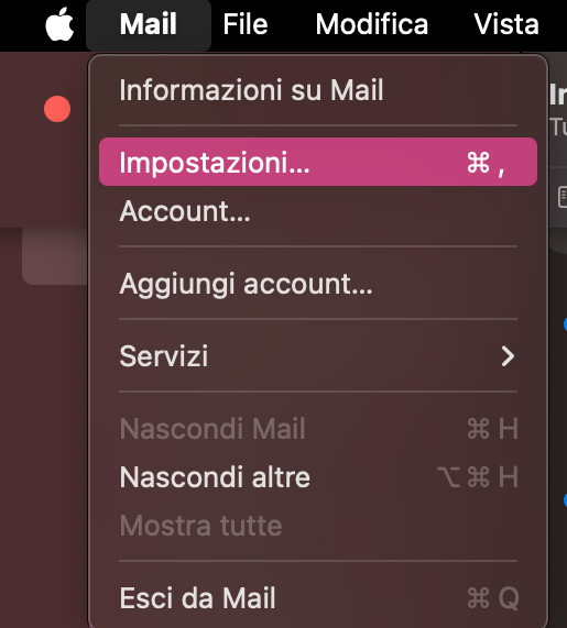 Il menu Mail nell'applicazione Mail di Apple con Impostazioni evidenziato. Come eliminare la cache di Mail su Mac: ridurre lo spazio utilizzato da Mail.