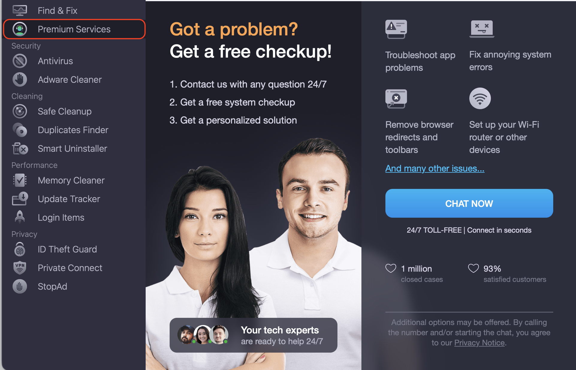 MacKeeper's Premium Services panel on a macOS Ventura MacBook, showing app fix options with the blue Chat Now button ready to click.