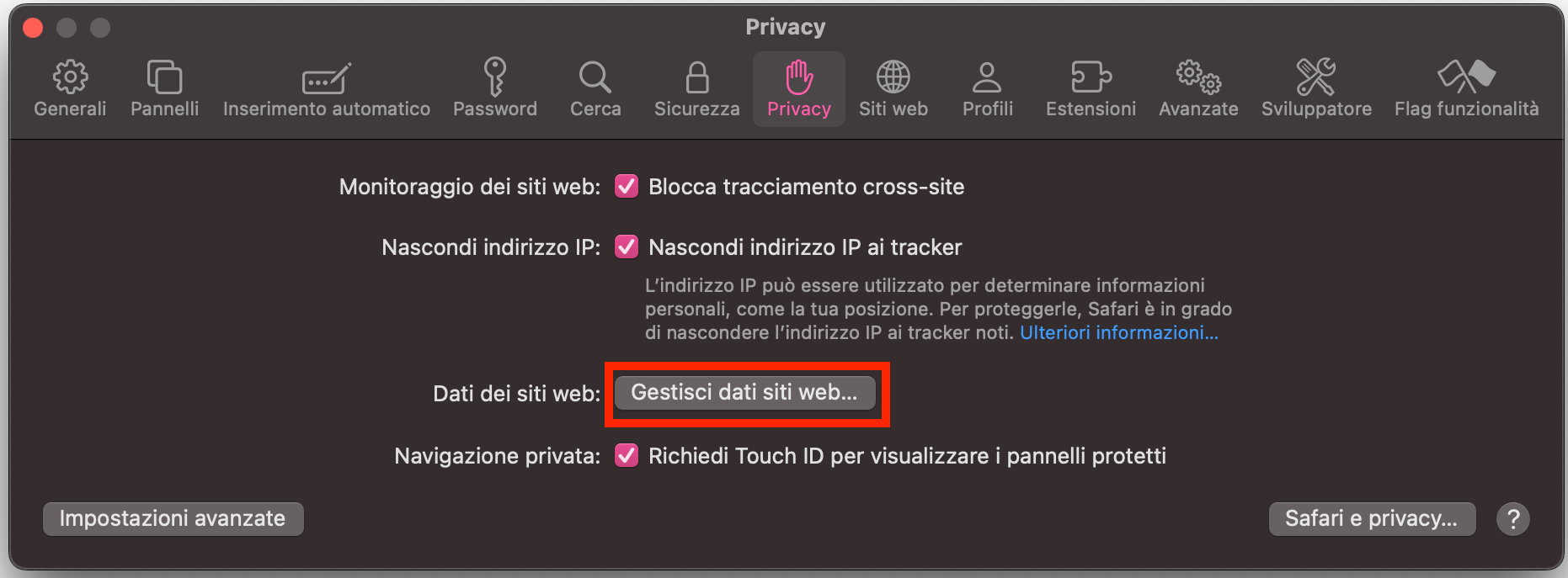 Una volta nelle impostazioni di Safari, apri la sezione Privacy e clicca sul pulsante Gestisci dati dei siti web accanto a Dati dei siti web.