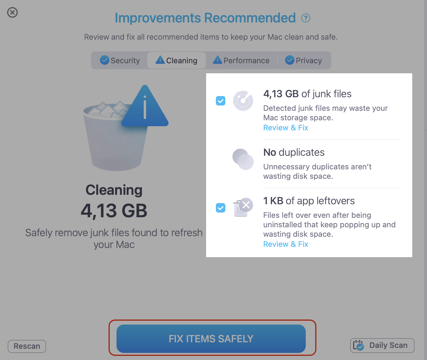 MacKeeper's Antivirus on an iMac with the Fix Items Safely button clicked to remove malware interfering with file saves on macOS Tahoe.