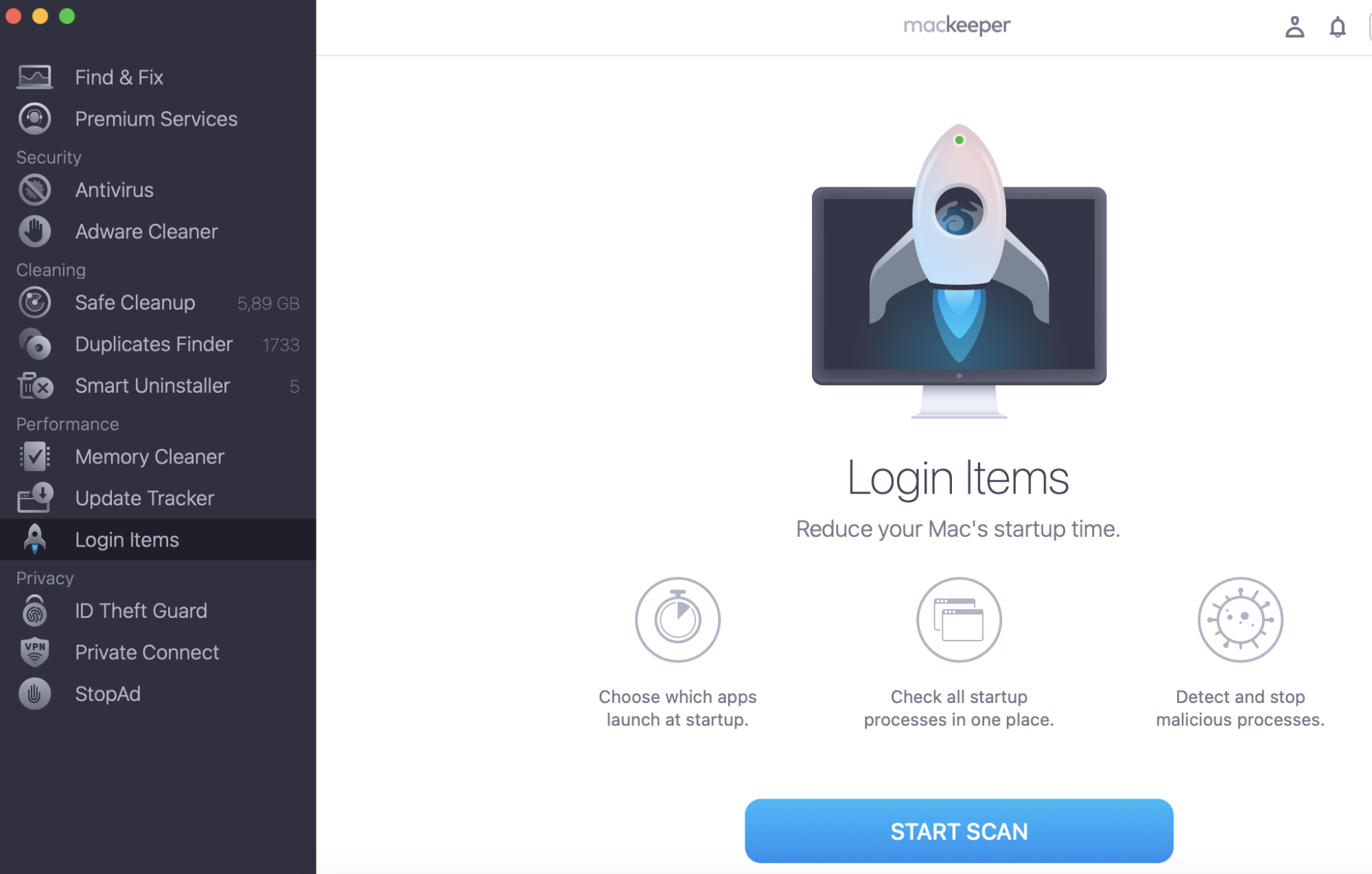 To choose the apps you want to launch at startup, use MacKeeper's Login Items. Launch MaKepper and select Login Items, click Start Scan.