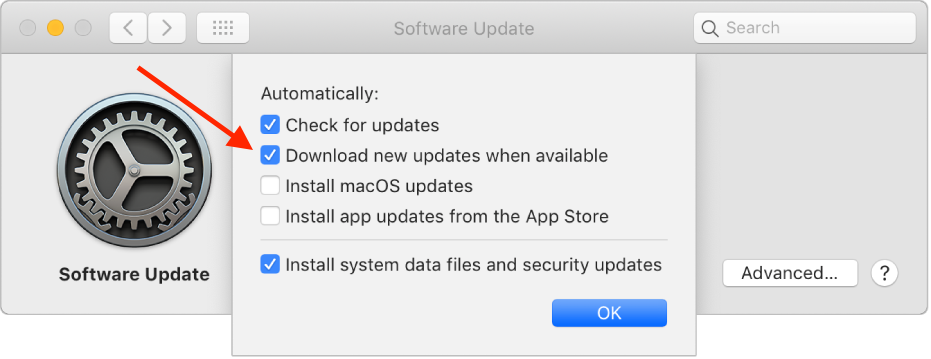 The Advanced settings dropdown within the macOS Software Update preferences. The panel shows five checkboxes under the Automatically section. Uncheck Download new updates when available and click the OK button.