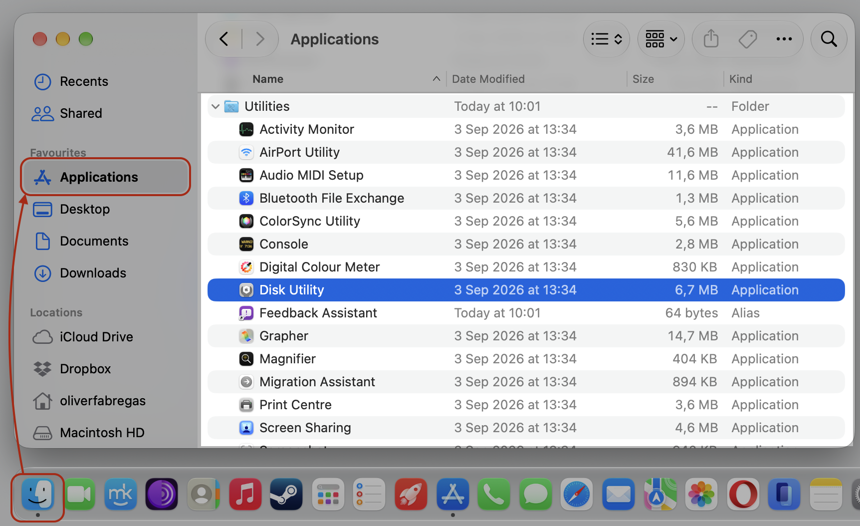 The Utilities folder in Finder on an iMac where you open Disk Utility to run First Aid for apps that are not opening on Mac.