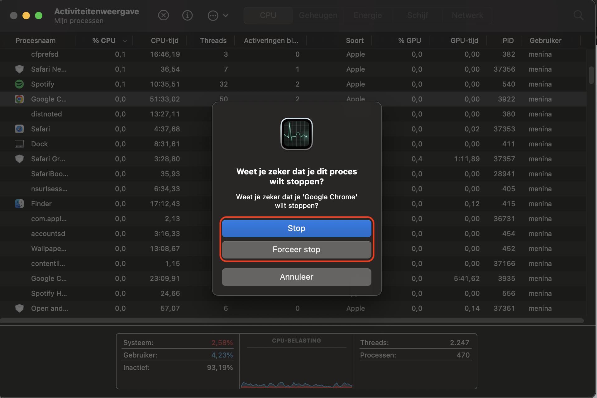 Activiteitenweergave op de Mac toont een beëindigd proces. Klik op de knop Stop of Forceer stop om te bevestigen dat je het proces wilt sluiten.