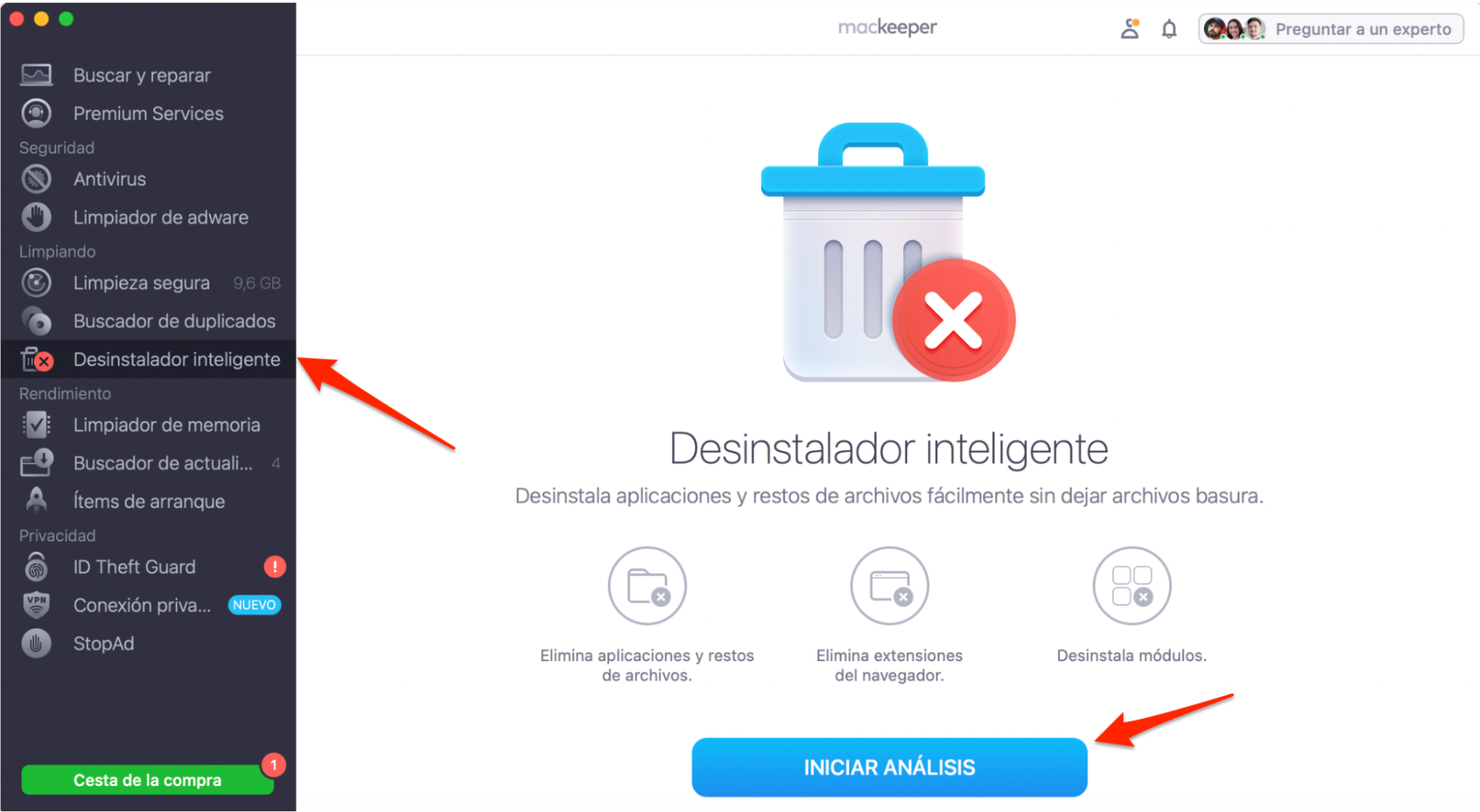 MacKeeper en macOS Monterey muestra la herramienta Desinstalador inteligente. Haz clic en el botón «Iniciar análisis» para encontrar todas las aplicaciones, archivos restantes, extensiones del navegador y otros elementos que se pueden eliminar.