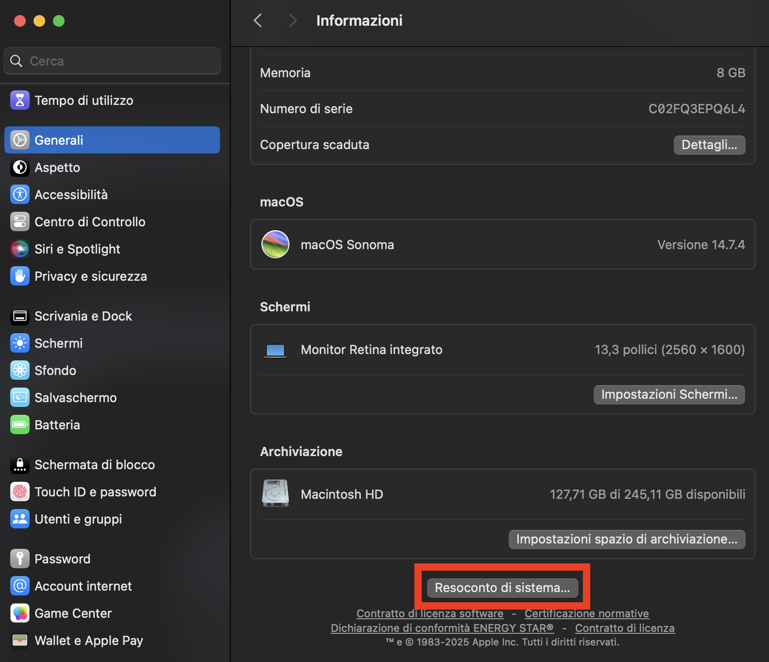 Il menu Generale all'interno dell'app Impostazioni su Mac. Se il tuo disco rigido esterno non viene riconosciuto su Mac, controlla il Rapporto di sistema per vedere se l'unità è stata rilevata