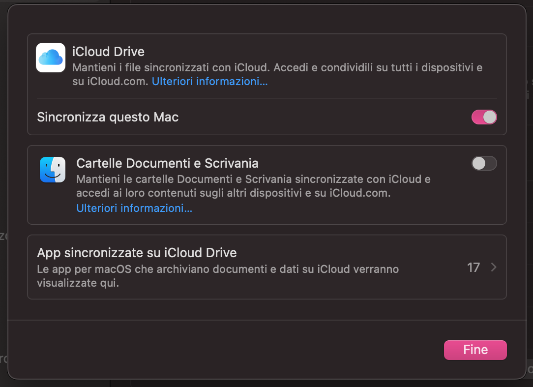 Dopo aver selezionato iCloud Drive, puoi disattivare la sincronizzazione disabilitando l’opzione Sincronizza questo Mac. In questo modo, il tuo dispositivo smetterà di sincronizzare file tramite iCloud e con gli altri dispositivi.