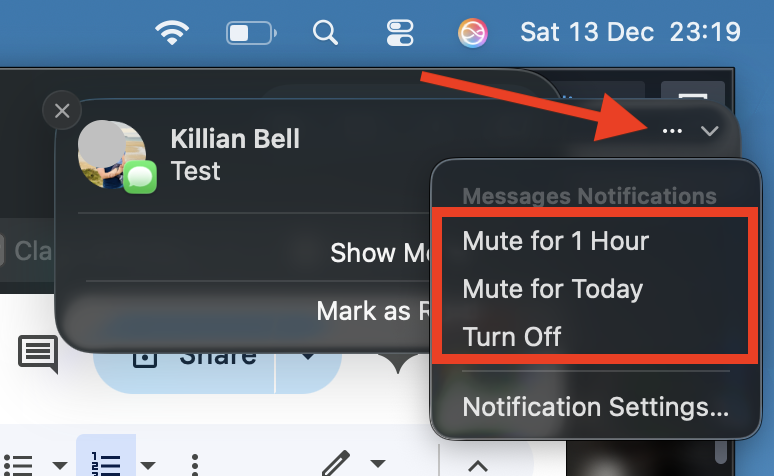 An iMessage notification on Mac with options to mute or turn off app alerts. When you want to know how to silence notifications on Mac, click the arrow within a banner, then select whether you want to mute it temporarily or disable them.