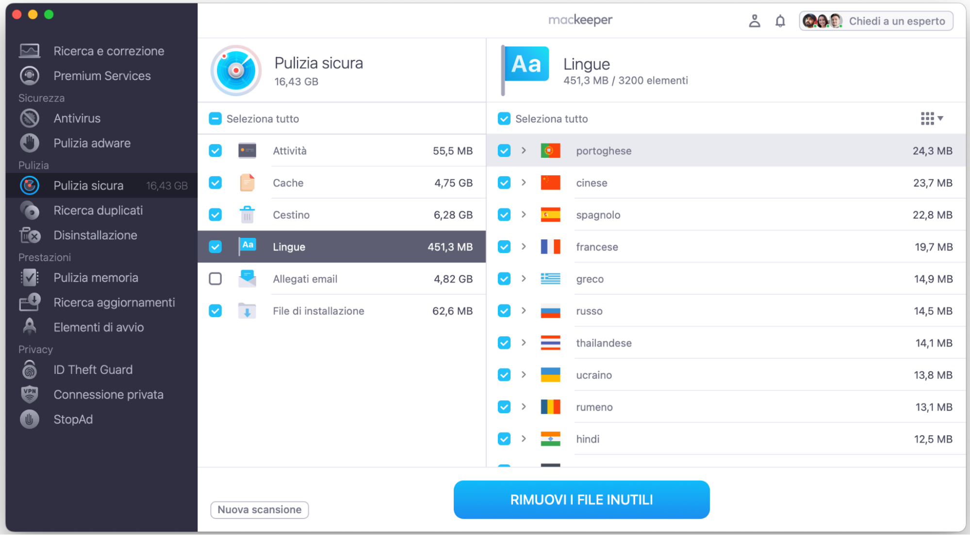 Nella schermata Pulizia Sicura di MacKeeper sono mostrati i risultati della scansione con i suggerimenti dei file inutili da eliminare, inclusa la categoria Lingue.