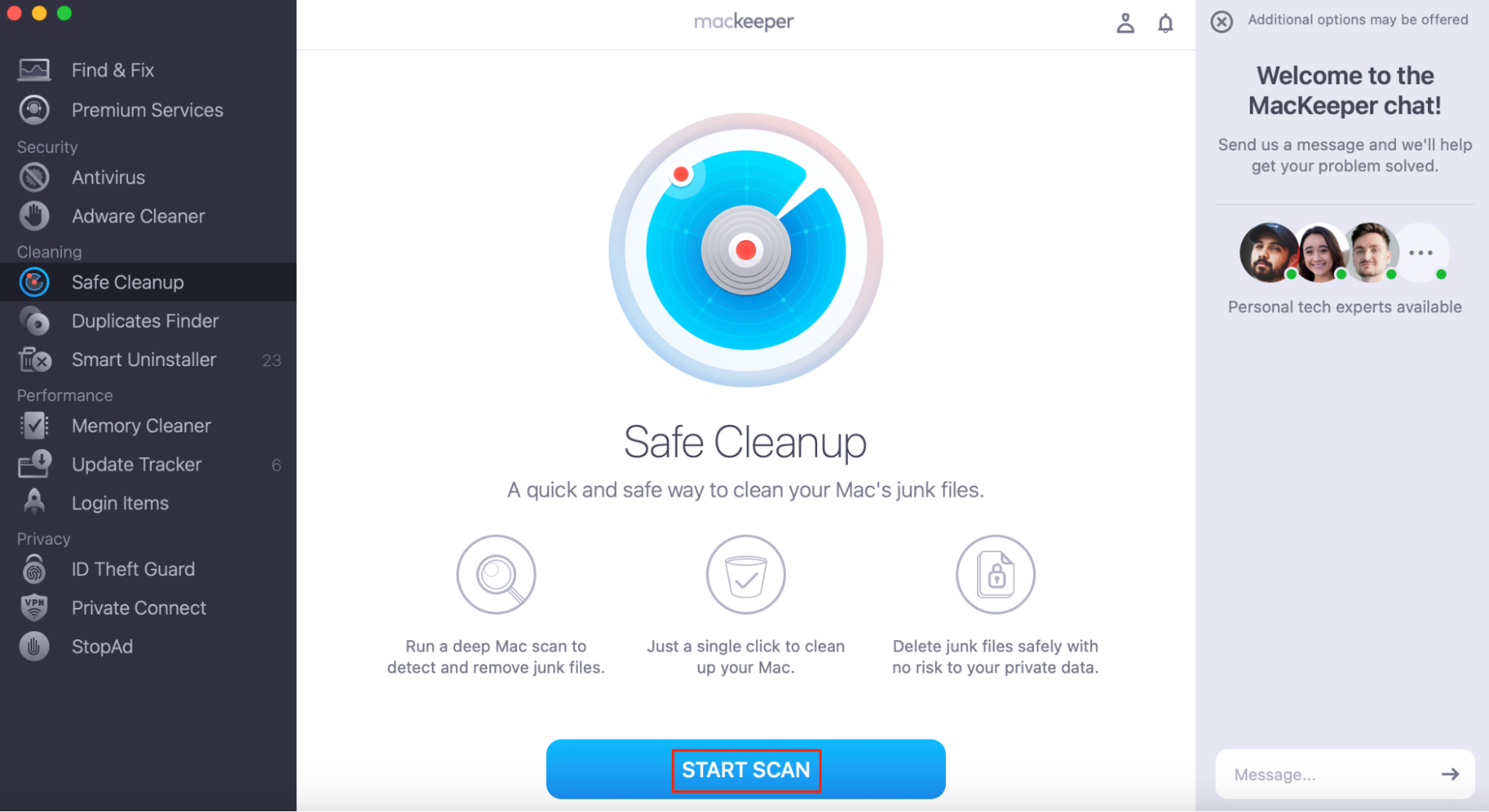 MacKeeper’s Safe Cleanup homepage, before a scan. Select the Start Scan button. How to fix accountsd wants to use the login keychain.