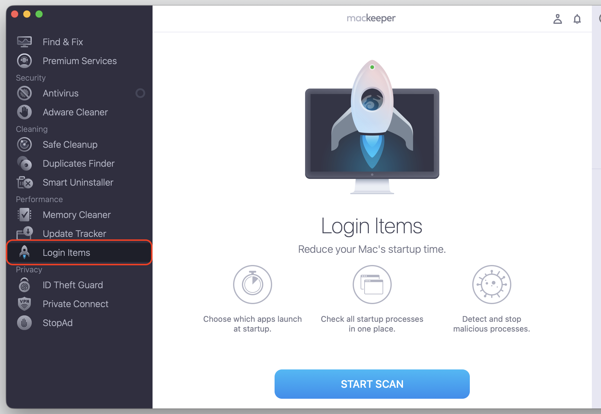 MacKeeper's Login Items window on a MacBook, with Login Items selected in the left sidebar and the blue Start Scan button ready to trim startup apps.