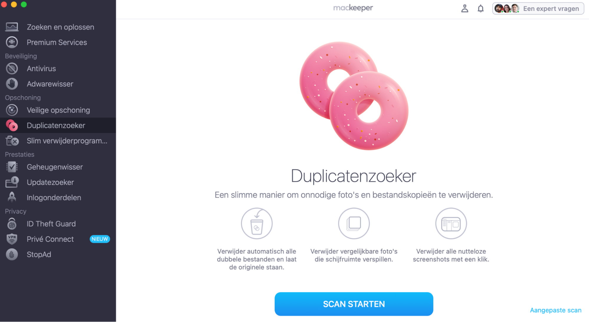 Open  MacKeeper om je bestanden efficiënt te verwijderen. Ga naar Opschoning > Duplicatenzoeker; hier kun je snel dubbele bestanden en mappen verwijderen.