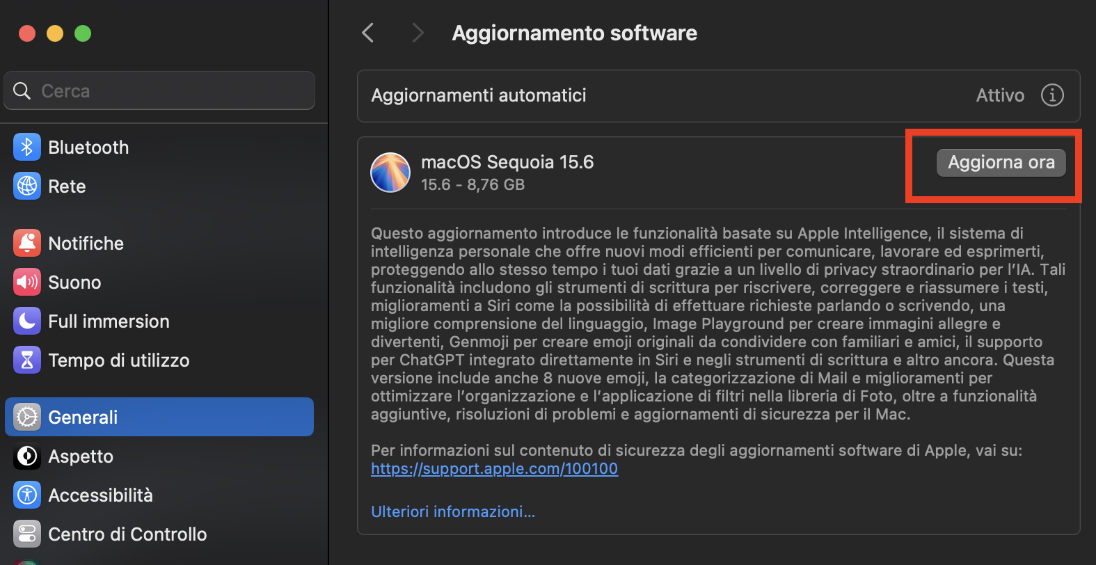 Controlla le Impostazioni di Sistema per assicurarti che macOS sia aggiornato. Dovresti farlo regolarmente per evitare problemi, inclusi quelli con le unità esterne.