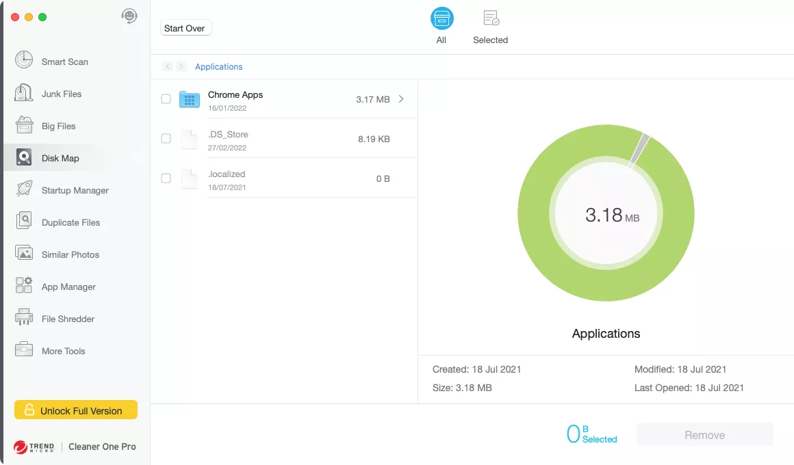 O Cleaner One Pro também inclui o recurso Disk Map, que ajuda a visualizar o uso do armazenamento e localizar facilmente arquivos de cache e outros itens, permitindo removê-los com apenas alguns cliques.