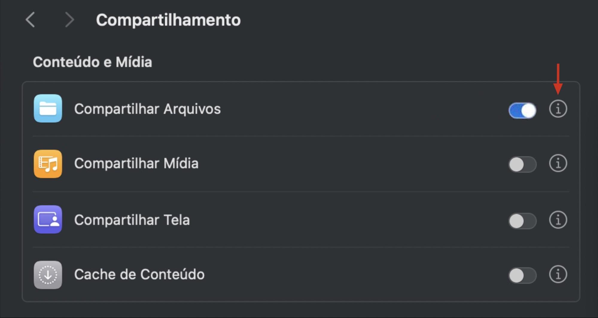 Ajustes do Sistema no Mac mostrando o menu Compartilhamento. Para usar o compartilhamento de arquivos via Bluetooth para copiar arquivos de um Mac para outro, clique no ícone de informações (i) ao lado de Compartilhar Arquivos para acessar as preferências.