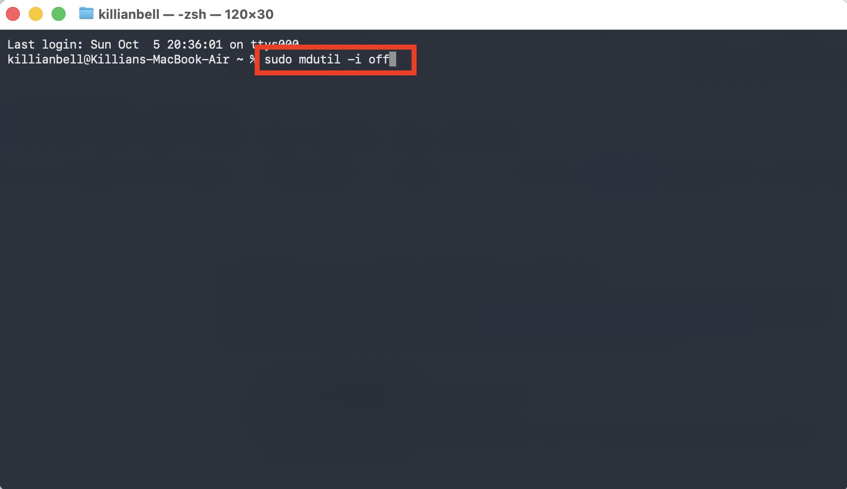 Terminal on Mac showing a command that disables Spotlight. Try disabling and then re-enabling Spotlight to fix suggestd problems that cause high CPU and RAM usage.