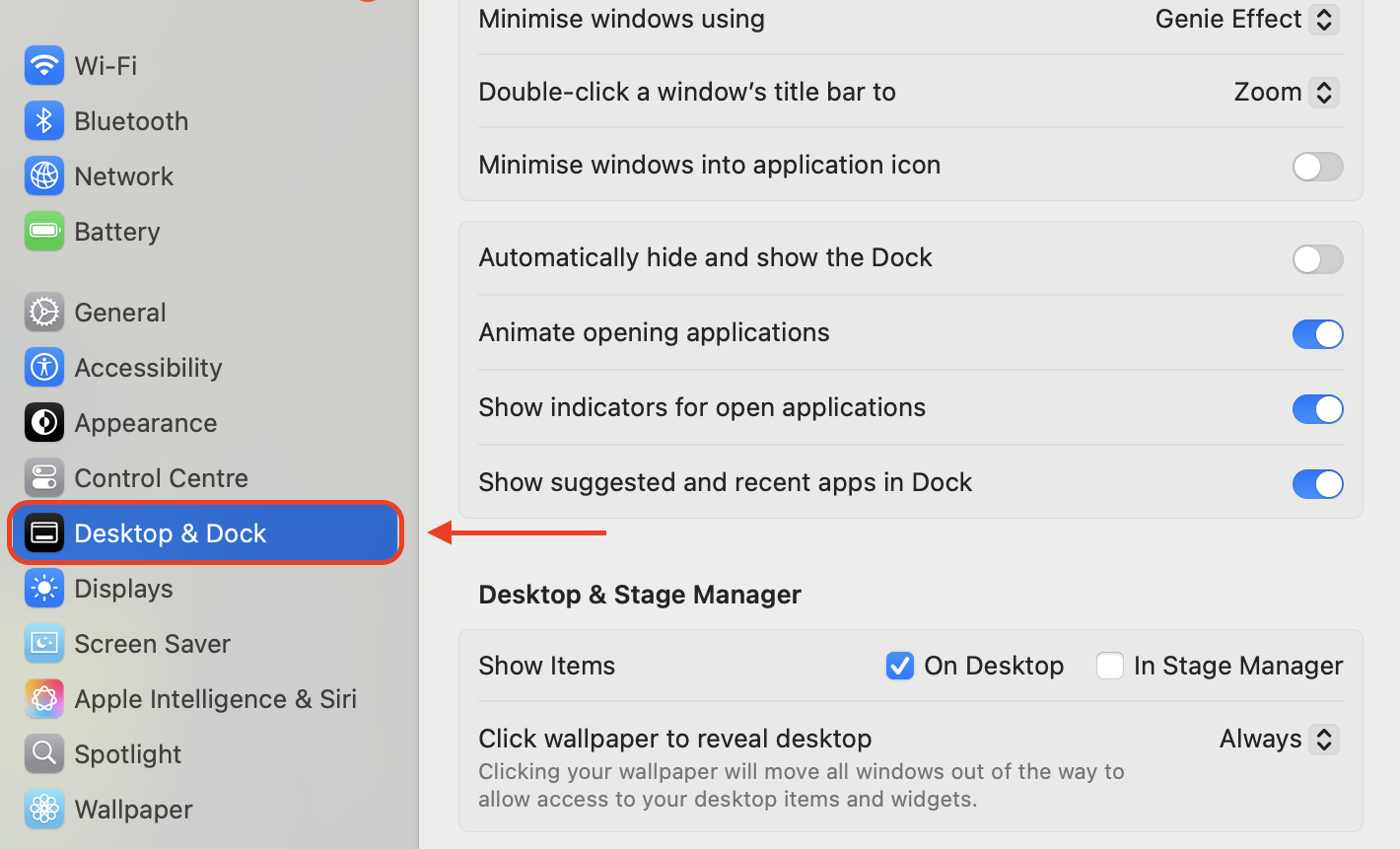 In System Settings, navigate to Desktop & Dock to adjust workspace behavior, Mission Control options, and display preferences for multiple monitors.