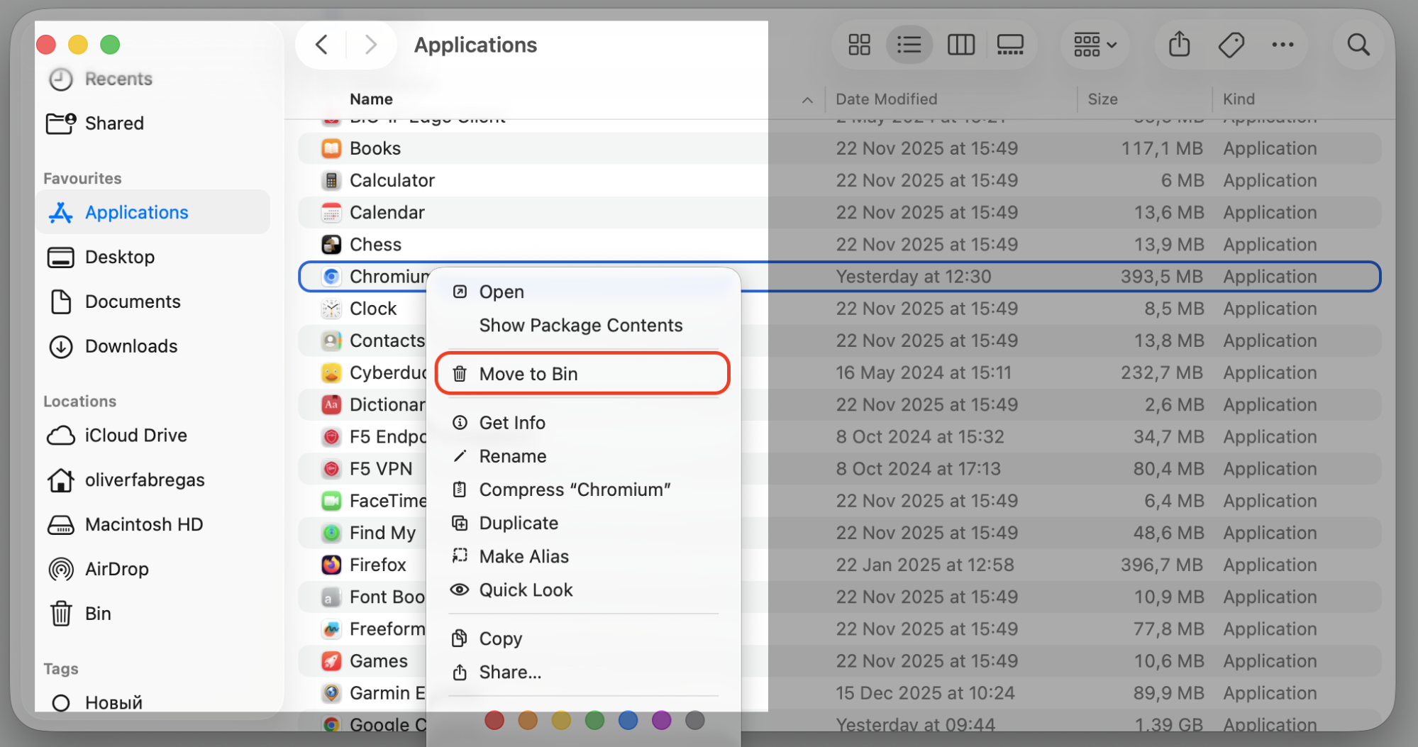 Control-clicking the Chromium app in the Finder Applications folder on a Mac and selecting Move to Bin from the right-click context menu.