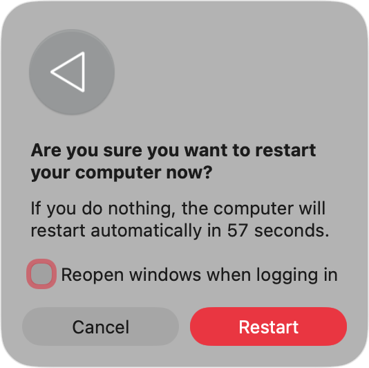 Now, make sure that 'Reopen windows when logging in' isn't selected. Click the 'Restart' button, then when your Mac has finished restarting, try to delete Grammarly again.