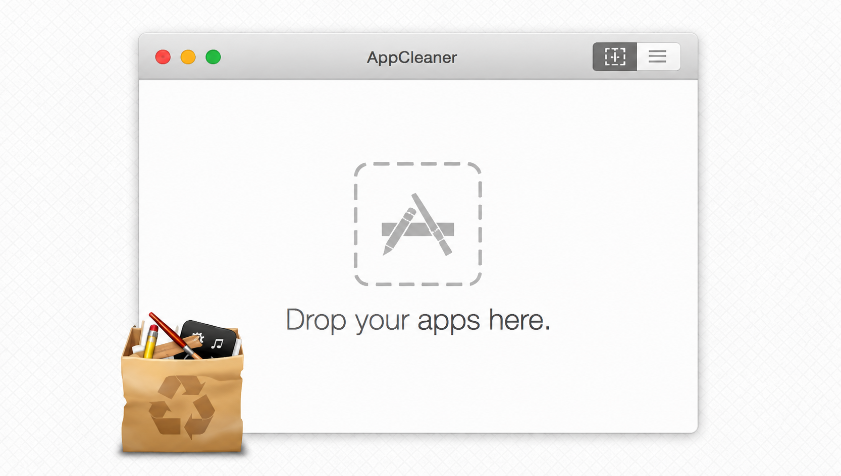 AppCleaner window on a macOS desktop showing the Drop your apps here zone where you drag an app to find its related leftover files.