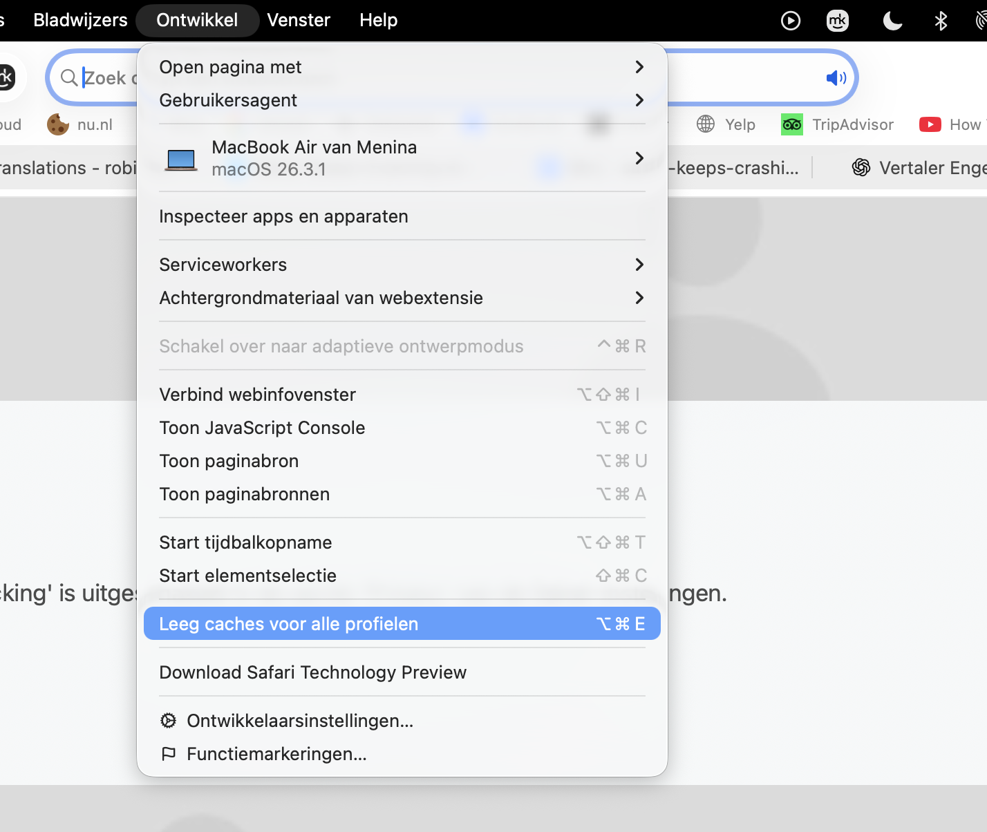 Het menu ‘Ontwikkel’ in Safari op de Mac, waar je de optie ‘Leeg caches’ vindt. Klik hierop om alle caches te verwijderen.