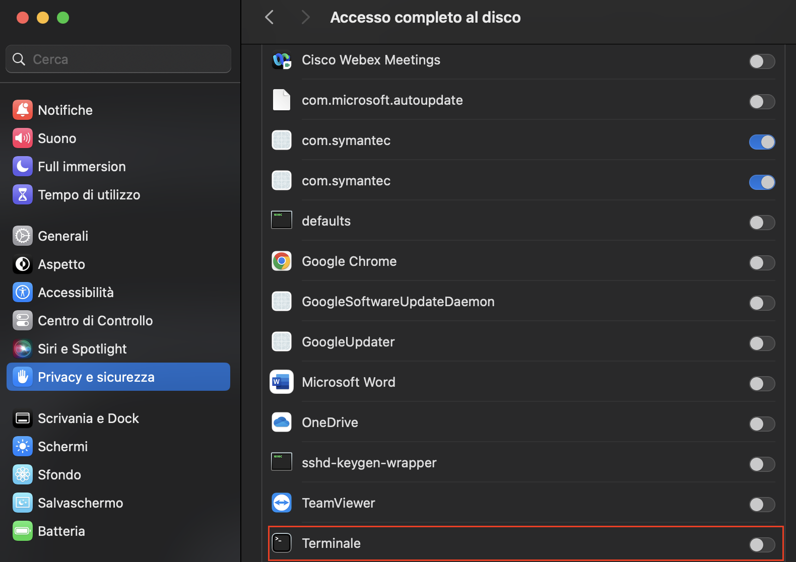 Nella sezione Accesso completo al disco, scorri verso il basso l'elenco fino a trovare la voce Terminale. Fai clic sull'icona di attivazione/disattivazione per attivarla.