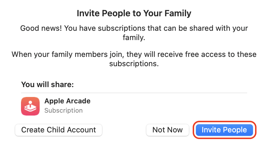 In the Family section, click Add Member, choose Invite People, and send the invitation through Messages or Mail so the member can accept it.