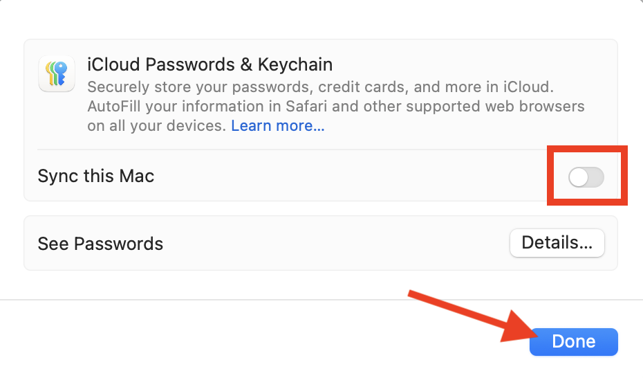 The iCloud Passwords menu in System Settings on Mac. Turn Sync this Mac off and then back on to fix Mac Keychain password not working