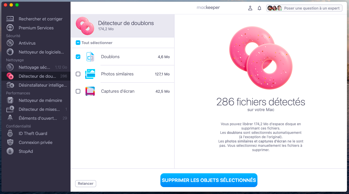 L'application vous montrera tous les doublons. Sélectionnez ceux dont vous souhaitez vous en débarrasser puis cliquez sur Supprimer les objets sélectionnés.