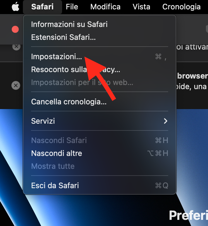 Per cancellare la cache del browser in Safari, apri Safari sul tuo Mac e vai al menu Safari, quindi trova e seleziona Impostazioni.