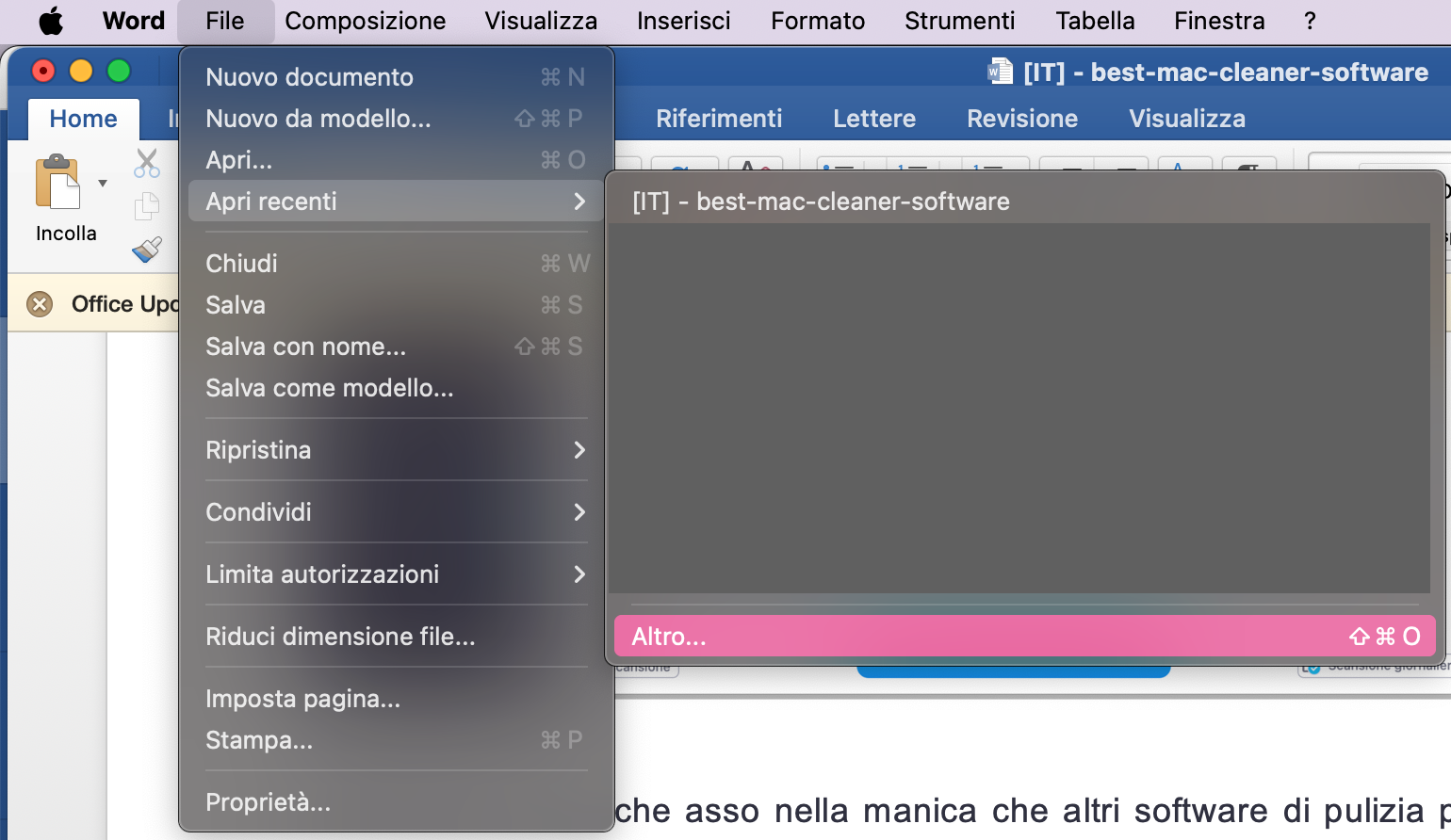 Apri Word, poi seleziona File > Apri recenti > Altro dalla barra dei menu in alto. Questo mostrerà i file aperti di recente.